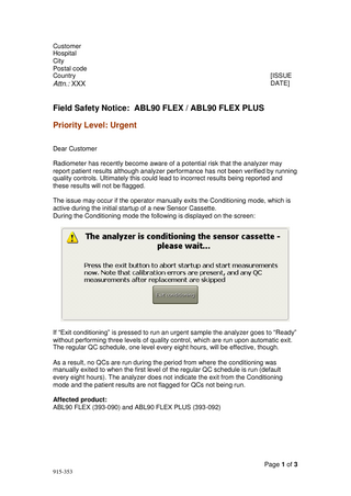 ABL90 FLEX and FLEX PLUS Urgent Field Safety Notice Sept 2016