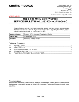 MR10 Replacing Battery Straps Service Bulletin NO 2183502-102711-008-C Nov 2011