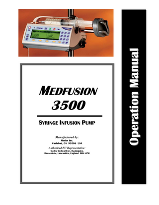 Medfusion 3500  MEDEX  Table of Contents 1.  IMPORTANT NOTICES...1  2.  INTRODUCTION...2  3.  INTENDED USE, FEATURES & CONTROLS...3 Correct Use of This Pump ... 3 Features & Controls... 4 Keypad & Functions... 5 Using Front Panel Control Buttons ... 5 Understanding Front Panel Indicators ... 6 What Indicators Mean ... 6  4.  TECHNICAL SPECIFICATIONS & DEFINITIONS...7 Technical Definitions ... 8 Syringe Manufacturers & Standard Sizes... 9 Trademark Information ... 9  5.  OPERATION WARNINGS & CAUTIONS... 10 Warnings... 10 Cautions... 12  6.  ALARMS & REMEDIES... 13 Alarms / Alerts ... 13 “Neglected Pump” Alarm... 13 “Syringe Near Empty” Alarm During Delivery ... 13 “Syringe Empty” Alarm During Delivery ... 14 “Syringe Empty − Manual” Alarm During Delivery... 14 General System Alarms & Alerts ... 14  7.  GUIDELINES FOR ENHANCED PUMP PERFORMANCE ... 17 Always Use Smallest Syringe for Volume of Fluid Being Delivered ... 17 Use Small Internal Diameter Tubing... 17  8.  SETUP & LOAD SYRINGES ... 18 Turning on the Pump ... 18 What if the Pump Does Not Turn On? ... 18 Selecting Delivery Mode ... 19 Syringe Manufacturer/Type Setup... 19 What if Only One Syringe Manufacturer is Setup?... 19 Loading the Syringe onto the Pump ... 20 Priming the System... 21 Unloading the Syringe ... 22  9.  STARTING & STOPPING INFUSION DELIVERY... 23 Start Delivery from Pause... 23 Starting Delivery from Standby... 23 Making Changes During Delivery... 24 Stopping Delivery... 24 Turning Off the Pump ... 24  10.  PROGRAMMING DELIVERY MODES ... 25 Overview of Programming Steps ... 25  Medex Operation Manual  Artwork GD000608 Revision 6  Page ii  