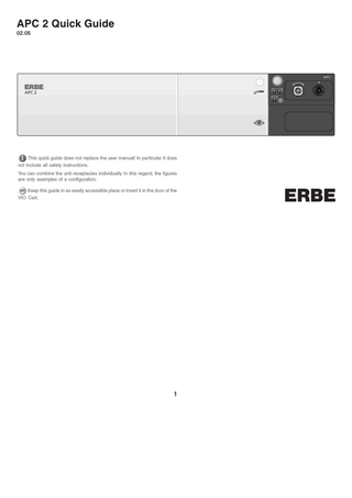 APC 2 Quick Guide 02.05  ERBE APC 2  This quick guide does not replace the user manual! In particular it does not include all safety instructions. You can combine the unit receptacles individually. In this regard, the figures are only examples of a configuration. GO Keep this guide in an easily accessible place or insert it in the door of the VIO Cart.  1  