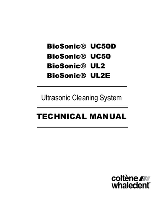 BioSonic® UC50 and UL2 Ultrasonic Cleaning System  Table of Contents Section 1 Product Overview  1-1  Introduction ... 1-1 General Description ... 1-1 Models ... 1-2 Physical Description... 1-2 Accessories... 1-2 Controls and Indicators ... 1-3 Performance Specifications... 1-4 Declaration of Conformance... 1-6 Section 2 Preparation for Maintenance  2-1  Introduction ... 2-1 Safety Precautions ... 2-1 Section 3 Detailed Theory of Operation  3-1  Introduction ... 3-1 Block Diagram Discussion... 3-1 Detailed Theory of Operation: Overview ... 3-3 Section 4 Test Procedures  4-1  Introduction ... 4-1 Test Equipment ... 4-1 Test Results ... 4-2 Testing Procedures ... 4-3 Dielectric Voltage Withstand Test... 4-3 Ground Continuity Test... 4-5 Ground Current Leakage Test (Optional) ... 4-6 L1 & L2 Tuning Check ... 4-8 Power Input Test ... 4-10 Tank Capacitance and Load Resistance Test (Optional) ... 4-12 Cleaning Solution Activity Test ... 4-13 Visual & General Assembly Inspection... 4-14 Acceptance Test Data Sheet... 4-15 Maintenance Record ... 4-15  i  
