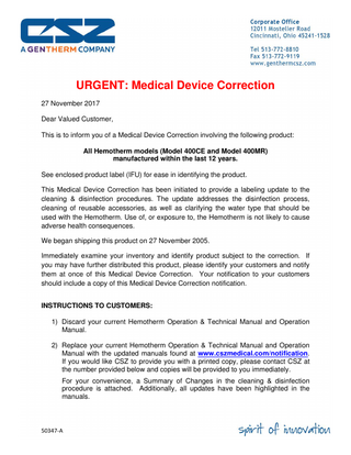 CSZ Hemotherm Models 400CE and 400MR Urgent Medical Device Correction Nov 2017