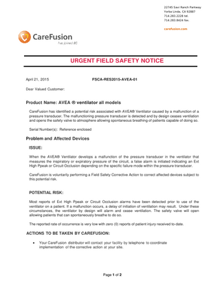 CareFusion AVEA Urgent Field Safety Notice April 2015