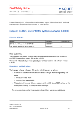 SERVO-i-s Ventilators Field Safety Notice May 2016