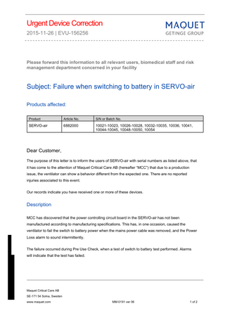 SERVO-air Ventilators Urgent Field Safety Notice Nov 2015