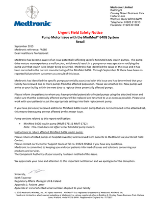 Medtronic MiniMed 640G system Urgent Field Safety Notice Sept 2015