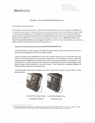 Medtronic Paradigm Insulin Pumps Update -Prior Potential Safety Issue Jan 2017