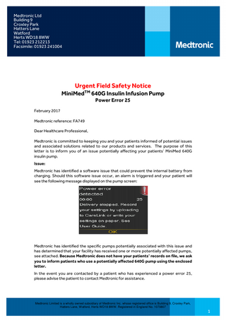Medtronic MiniMed 640G system Urgent Field Safety Notice Feb 2017