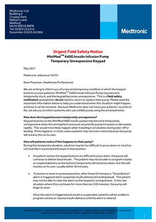 Medtronic MiniMed 640G Urgent Field Safety Notice May 2017 