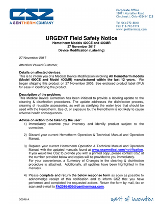 CSZ Hemotherm Models 400CE and 400MR Urgent Field Safety Notice Nov 2017