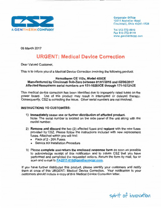 CSZ Hemotherm CE 115v Model 400CE Urgent Medical Device Correction March 2017