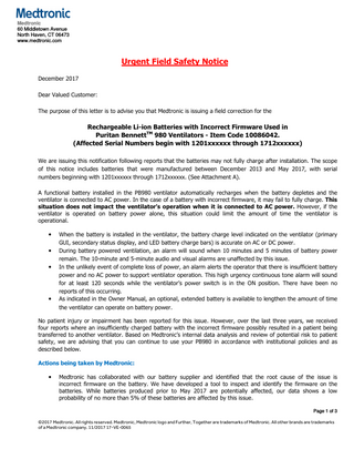 980 Urgent Field Safety Notice (Medtronic) Dec 2017