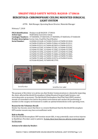 CHROMOPHARE Ceiling Mounted Lights Urgent Field Safety Notice Feb 2018