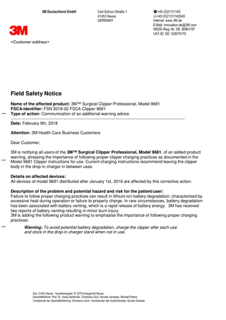 Surgical Clipper Professional Model 9681 Field Safety Notice Feb 2018