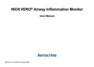 Table of contents  1 Important information ...3 1.1 Before using NIOX VERO® Airway Inflammation Monitor ... 3 1.2 About this manual ... 3 1.3 Compliance... 3 1.4 Responsible manufacturer and contacts ... 3 1.5 Warnings... 3 1.6 Intended use ... 4 2 Product description ...5 2.1 NIOX VERO® accessories and parts ... 5 2.2 Instrument... 6 3 Installation and set up ...7 4 User interface ...11 4.1 Main and settings view ... 11 4.2 Main View... 11 4.3 Settings view ... 12 5 Using NIOX VERO® ...12 5.1 Start the instrument from power save mode ... 12 5.2 Register patient ID (optional) ... 12 5.3 Measure FeNO... 13 5.4 Demonstration mode ... 15 5.5 Measure ambient NO... 16 5.6 Change settings ... 17 5.7 Turn off the instrument ... 19 6 Using NIOX VERO® with NIOX® PANEL ...20 6.1 Warnings... 20 NIOX® VERO User Manual English EPM-000167-01  6.2 Installation of NIOX® PANEL... 20 6.3 Connect to a PC via USB ... 21 6.4 Connect to a PC via Bluetooth ... 21 6.5 Setup ... 21 6.6 Using NIOX Panel ... 22 7 Troubleshooting ... 23 7.1 Alert codes and actions... 23 8 Preventive care ... 27 8.1 General care ... 27 8.2 Change disposals ... 27 8.3 Operational life-time ... 29 8.4 Disposal of instrument and accessories ... 30 8.5 Return shipments ... 30 9 Safety information ... 31 9.1 Warnings... 31 9.2 Cautions ... 31 9.3 Substances disturbing FeNO measurement ... 31 9.4 Electromagnetic immunity... 31 9.5 Electromagnetic emissions... 32 9.6 Operating conditions ... 32 10 Reference information ... 34 10.1 Buttons and descriptions ... 34 10.2 Symbols and descriptions... 34 10.3 Symbol explanation... 35 11 Technical data ... 36  1  