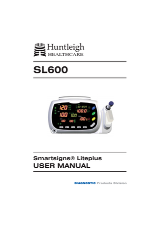 1. General Safety Information ... 5 1.1 1.2  Warnings ... 5 Cautions ... 7  2. Introduction ... 8 2.1 2.2 2.3  Features for the Smartsigns® Liteplus ... 8 Intended Use for SL600... 9 About This Manual ... 9  3. Description of Controls, Indicators, Symbols and ... Displays... 10 3.1 3.2 3.3 3.4  Identification of Front Panel Controls and Symbols ... 10 Identification of Rear Panel Components and Symbols ... 11 Description of Symbols/Indicators ... 12 Description of SL600 Controls... 15  Table of Contents  Table of Contents  4. Setting up the Monitor ... 17 4.1 4.2 4.3 4.4 4.5 4.6  Unpacking and Inspection... 18 List of Components ... 18 Power Cable Connections ... 19 Measurement Cable Connections ... 20 SpO2 Cables and Sensors ... 20 Temperature Probes ... 21  5. Battery Operation ... 22 5.1 5.2 5.3  Operating SL600 on Battery Power ... 22 Charging a Low Battery ... 23 Low Battery Indication ... 23  6. Using the Monitor ... 24 6.1 6.2 6.3 6.4 6.5 6.6 6.7 6.8 6.9  Turning on the Monitor ... 24 Performing Power On and Self-Test (POST)... 25 Setting Date and Time ... 26 Setting Patient Type ... 28 Setting NIBP Units ... 29 Setting Temperature Units and Modes ... 30 Setting Pulse Tone Volume... 31 Setting Alarm Volume ... 32 Resetting to Factory Defaults ... 33  7. NIBP Monitoring ... 34 7.1 7.2 7.3 7.4  General ... 35 Setup Connections ... 36 NIBP Measurement Modes ... 37 Description of NIBP Operation ... 37  8. SpO2/Pulse Rate Monitoring ... 41 8.1 8.2 8.3 8.4  General ... 42 Setup Connections ... 43 Description of Pulse Rate Operation ... 44 Description of SpO2 Operation ... 44  9. Temperature Monitoring ... 46 9.1 9.2 9.3 9.4  General ... 47 Setup Connections ... 47 Temperature Measurement Modes ... 48 Description of Temperature Operation ... 48  3  