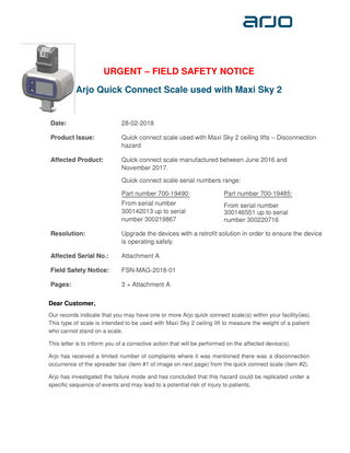 Arjo Quick Connect Scale used with Maxi Sky 2 Urgent Safety Notice Feb 2018