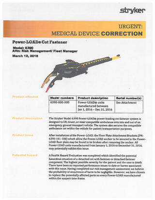 Model 6390 Power-LOAD Cot Fastener Urgent Medical Device Correction March 2018