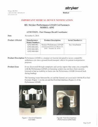 Model 6392 LOAD Cot Fasteners Important Medical Device Notification Nov 2016