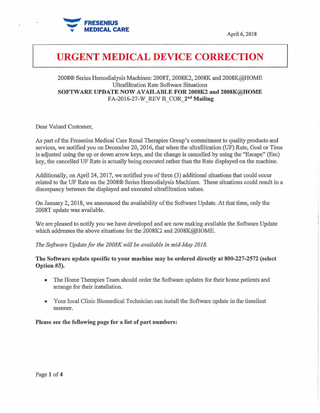 2008 Series Hemodialysis Machines Urgent Medical Device Correction April 2018