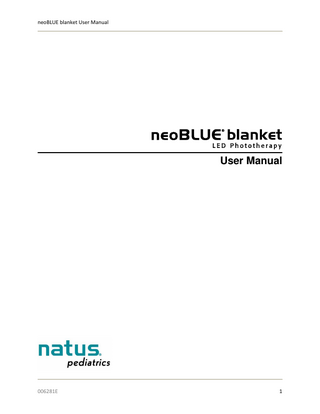 neoBLUE blanket User Manual  TABLE OF CONTENTS 1. PRODUCT DESCRIPTION ... 5 1.1.  Intended Use ... 5  1.2.  Physical Characteristics... 5  1.3.  Power Requirement Information... 5  2. SAFETY INFORMATION... 6 2.1.  Explanation of Terminology ... 6  2.2.  General Safety Information ... 6  2.3.  Safety Symbols ... 9  3. COMPONENTS AND USER CONTROLS ... 11 3.1.  neoBLUE blanket LED Phototherapy System ... 11  3.2.  Light Box ... 11  3.3.  Controls... 12  4. ASSEMBLY AND OPERATING INSTRUCTIONS ... 12 4.1.  Preparing the neoBLUE blanket LED Phototherapy System for use: ... 12  4.2.  Administering phototherapy treatment: ... 13  5. TROUBLESHOOTING GUIDE ... 14 6. ROUTINE CLEANING AND MAINTENANCE... 15 6.1.  Checking the Light Intensity ... 15  6.2.  Adjusting the Light Intensity... 15  6.3.  Cleaning ... 15  7. TECHNICAL REFERENCE ... 16 8. SPECIFICATIONS ... 17 8.1.  Light Source ... 17  006281E  3  