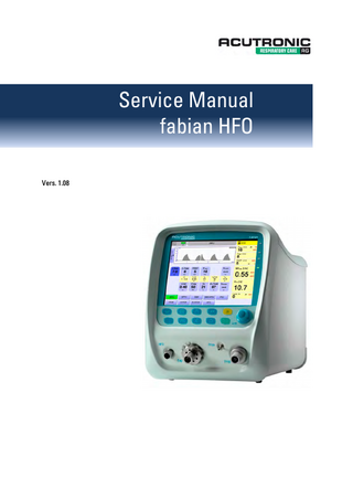 fabian HFO Servicemanual  Table of Contents 1  Preface ... 7  2  CMOS Handling Precautions... 8  3  Warranty ... 8  4  Maintenance ... 9  5  Liability for proper function and damage ... 10  6  Revision History ... 11 6.1  Hardware ... 11  6.2  Software / Firmware ... 12  7  Service and maintenance intervals ... 13  8  fabian components ... 14 8.1  Manifold Ports ... 14  8.2  Manifold backside ... 15  8.3 Back Panel ... 16 8.3.1 External alarm connector ( Nurse call )... 17 8.3.2 24 V DC Connector ... 18 8.3.3 Back Panel – component side - ... 19 8.4  Mainboard – overview – Rev. 2.0 ... 20  8.5 Mainboard – overview – Rev. 2.1 ... 21 8.5.1 Mainboard – Watchdog LED - ... 22 8.6  Battery board – overview -... 23  8.7 Proportional gas blender ... 24 8.7.1 Proportional gas blender ( Board Rev. 1.0 ) HW Rev. 1.0... 24 8.7.2 Proportional gas blender ( Board Rev. 1.1 ) HW Rev. 1.0... 25 8.8 HFO Module... 26 8.8.1 Hardware revision ... 26 8.8.2 HFO Board ... 28 8.8.3 HFO pneumatic ... 28 9  Pneumatic diagrams / Drawings ... 29 9.1  Proportional blender ( with HFO module < 2.0 ) ... 29 4 / 86  SM fabian-HFO- 1.08.docx  