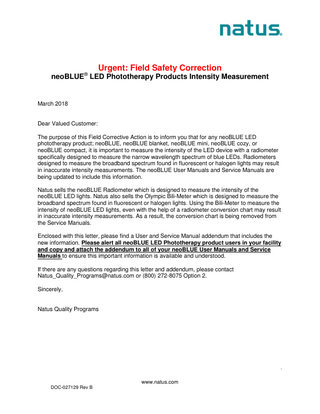 neoBLUE Blanket System Urgent Field Safety Correction March 2018