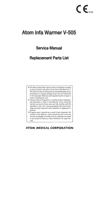 Infa Warmer V-505 Service Manual-Replacement Parts List Jan 2004