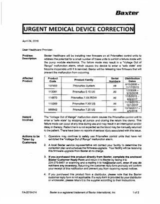 Prismaflex Urgent Medical Device Correction April 2018
