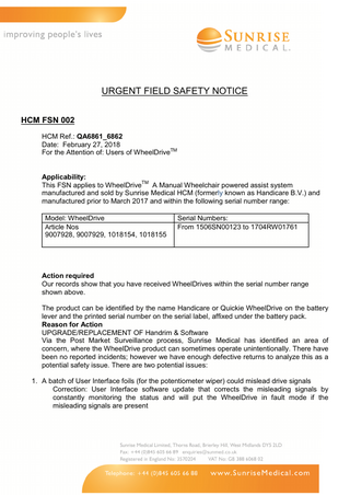 WheelDrive Wheelchairs Urgent Field Safety Notice Feb 2018