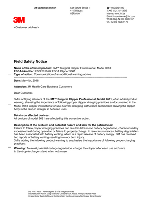 Surgical Clipper Professional Model 9681 Field Safety Notice March 2018